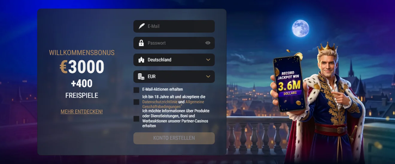 King Billy Casino — Königs Willkommensbonus: 3.000 € + 400 Freispiele; separates Highroller-Paket 500% bis zu 6.500 €